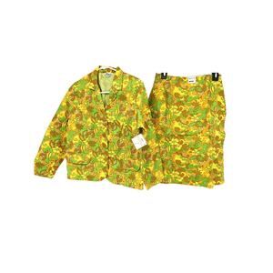 Vtg 60s Risa 100% Cotton Jacket Skirt Set Yellow Multicolor Floral Size 14 NWT
